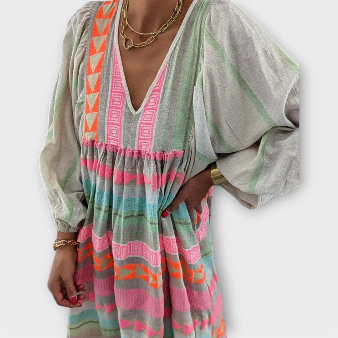 Hermine | Geometric Stripe Balloon-Sleeve Maxi Summer Dress