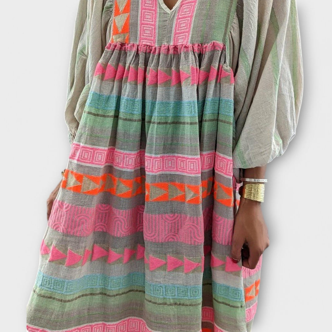Hermine | Geometric Stripe Balloon-Sleeve Maxi Summer Dress