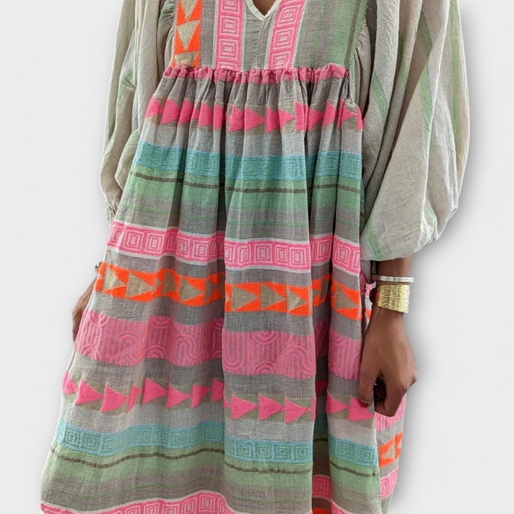 Hermine | Geometric Stripe Balloon-Sleeve Maxi Summer Dress