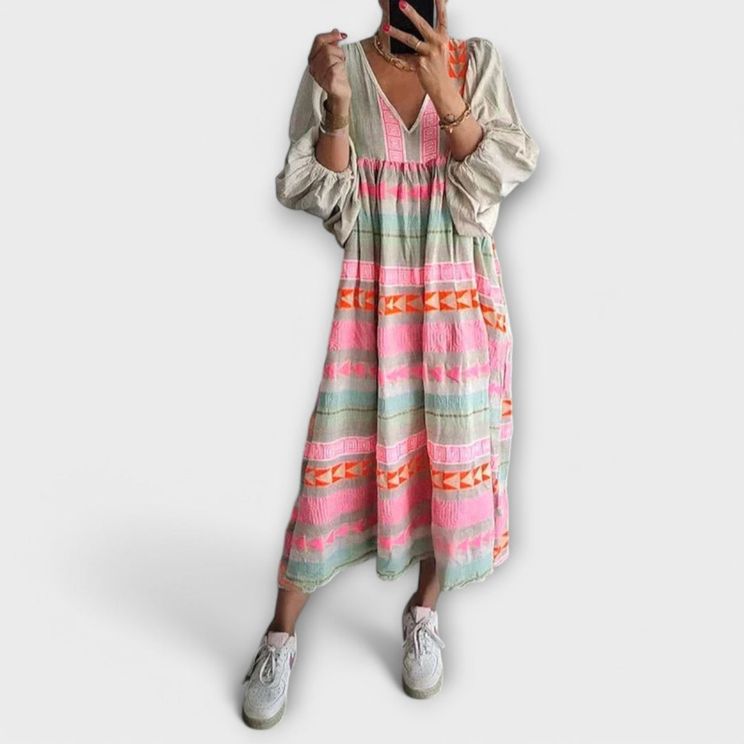 Hermine | Geometric Stripe Balloon-Sleeve Maxi Summer Dress
