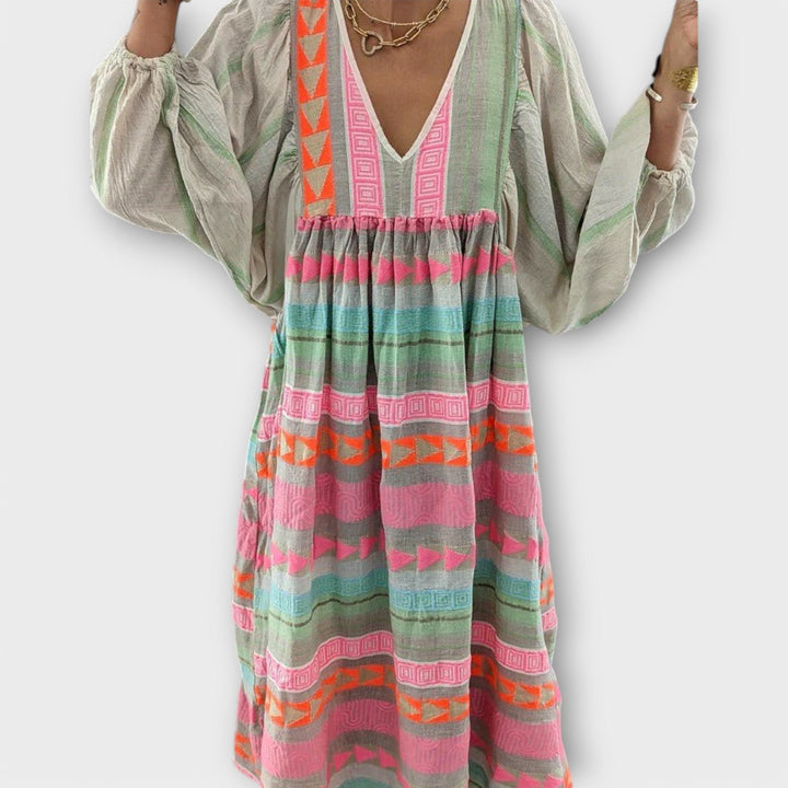 Hermine | Geometric Stripe Balloon-Sleeve Maxi Summer Dress