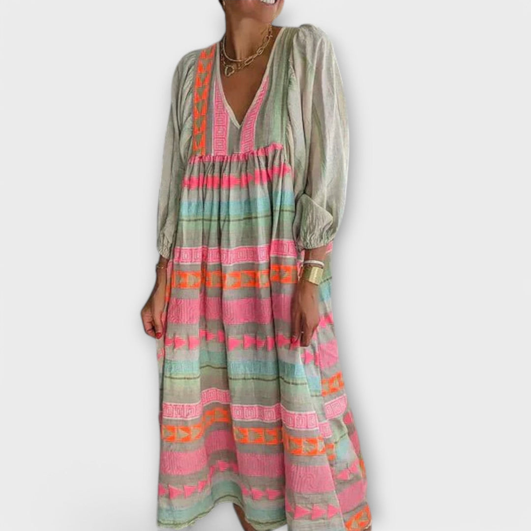 Hermine | Geometric Stripe Balloon-Sleeve Maxi Summer Dress