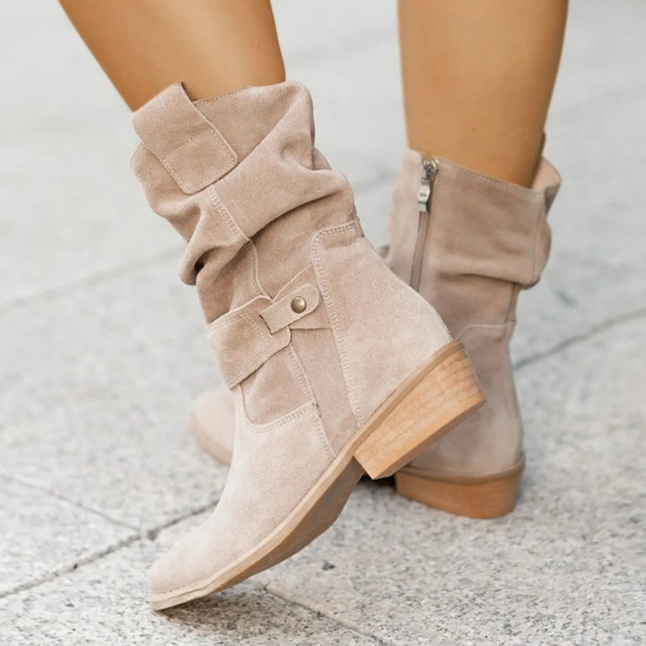 Nolana | Slouch Tab Strap Suede Mid Calf Boots