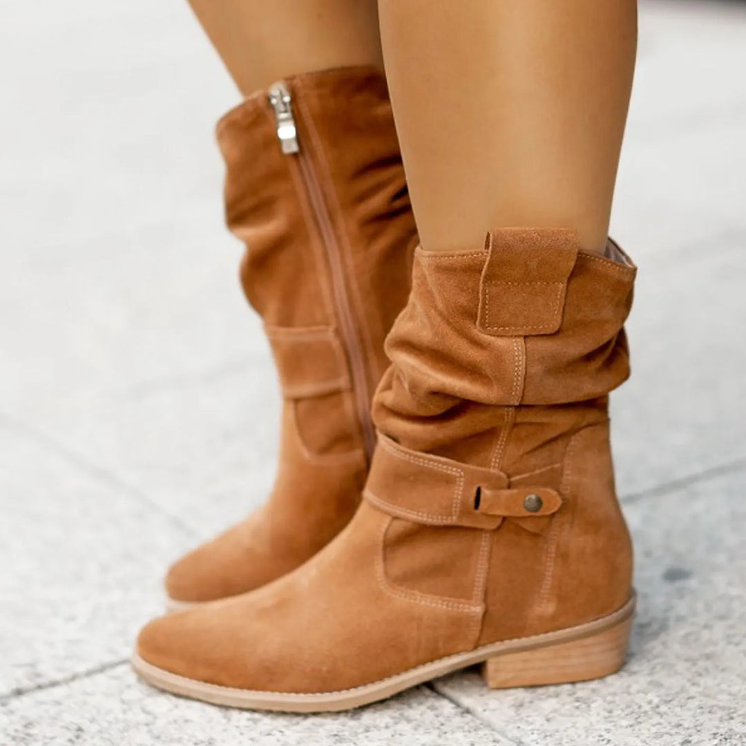 Nolana | Slouch Tab Strap Suede Mid Calf Boots