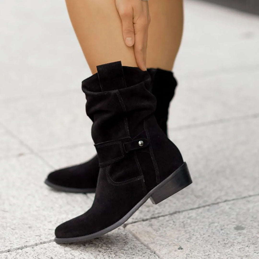 Nolana | Slouch Tab Strap Suede Mid Calf Boots