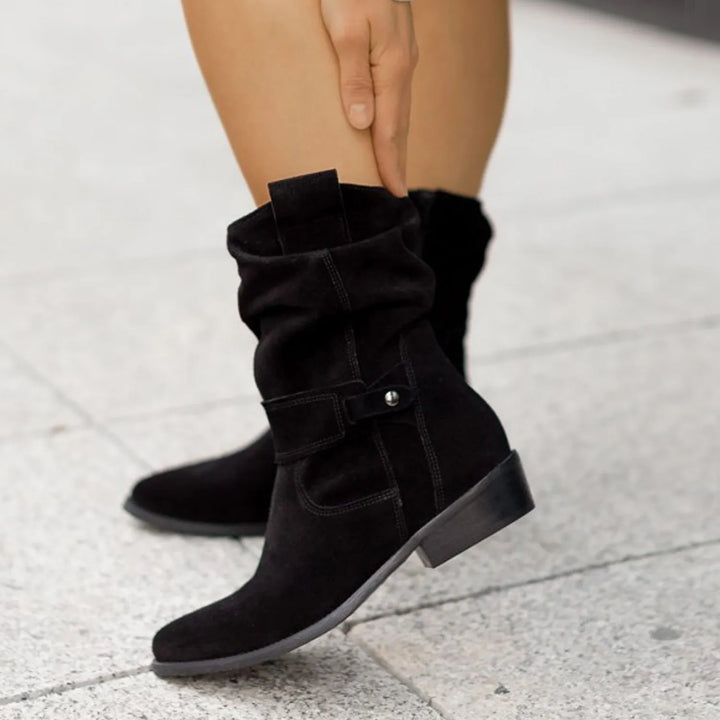 Nolana | Slouch Tab Strap Suede Mid Calf Boots