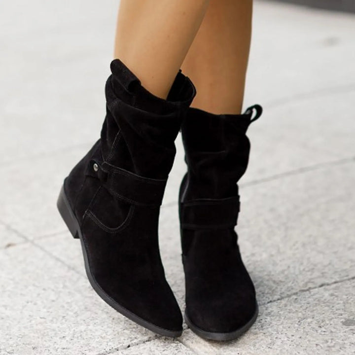 Nolana | Slouch Tab Strap Suede Mid Calf Boots
