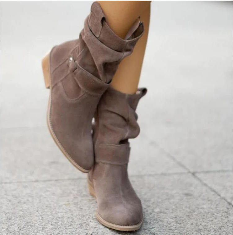 Nolana | Slouch Tab Strap Suede Mid Calf Boots