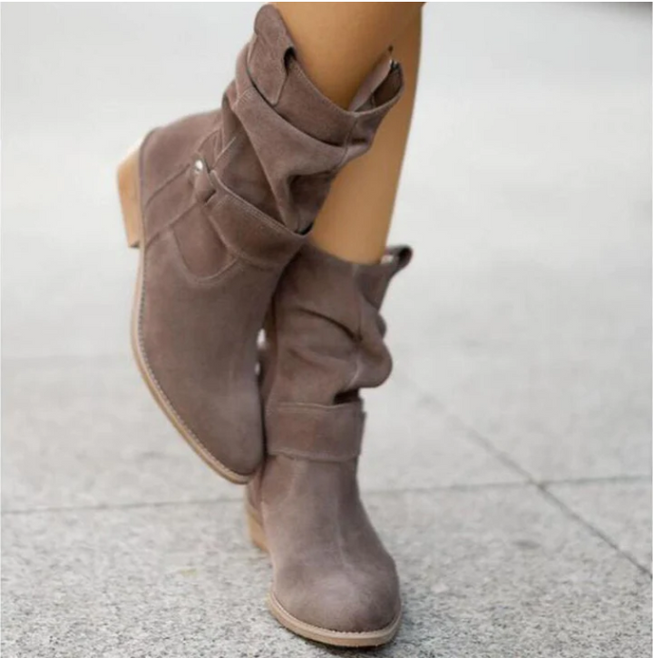 Nolana | Slouch Tab Strap Suede Mid Calf Boots