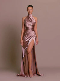 Romaine | High Neck Draped Satin Halter Neck Maxi Dress