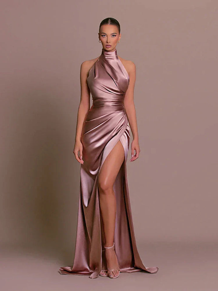Romaine | High Neck Draped Satin Halter Neck Maxi Dress
