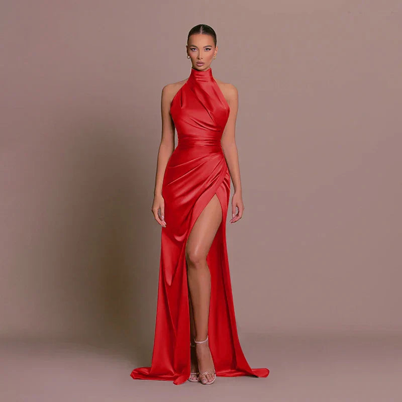 Romaine | High Neck Draped Satin Halter Neck Maxi Dress