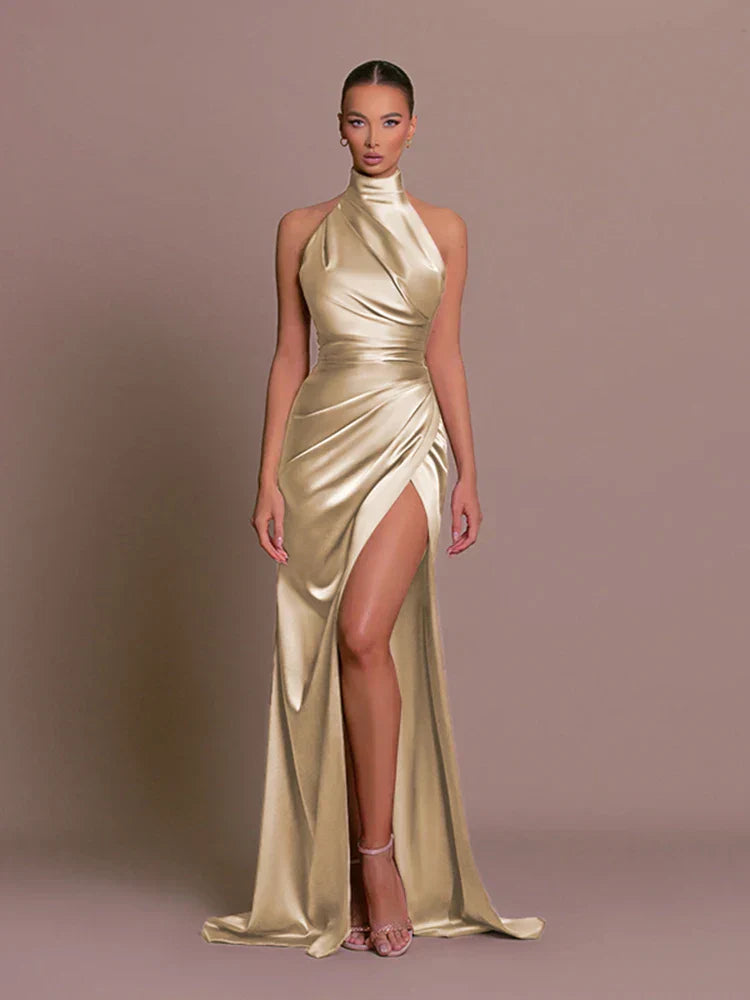 Romaine | High Neck Draped Satin Halter Neck Maxi Dress