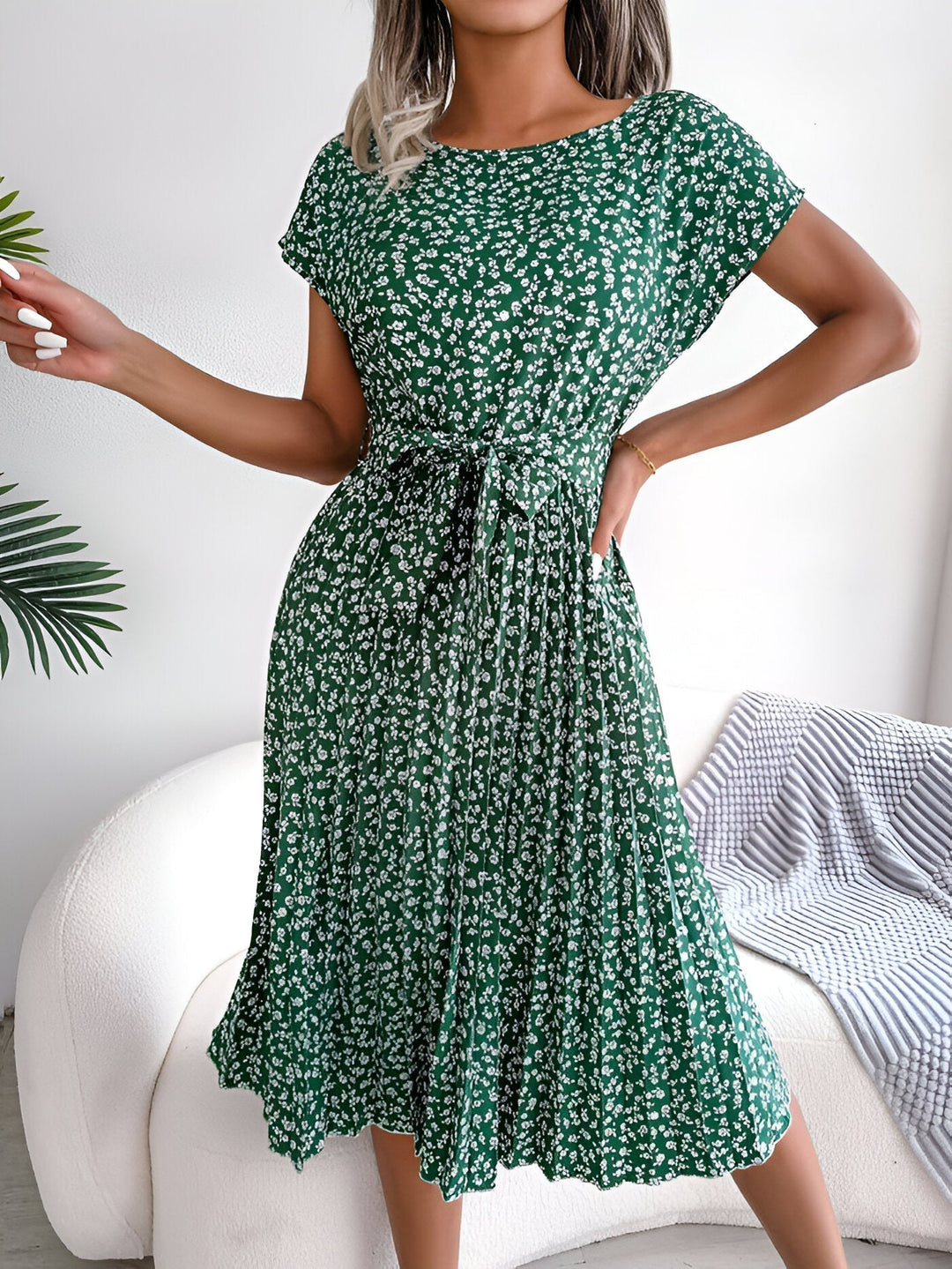 Clover | Ditsy Floral Belted Womens Pleated Midi Dress with Cap Sleeves
