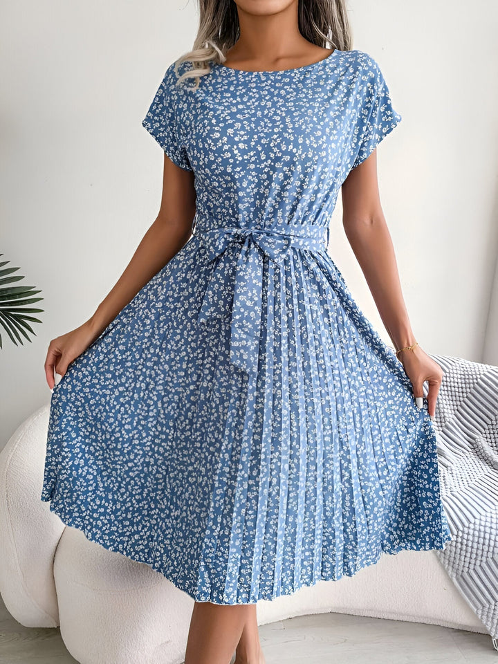 Clover | Ditsy Floral Belted Womens Pleated Midi Dress with Cap Sleeves