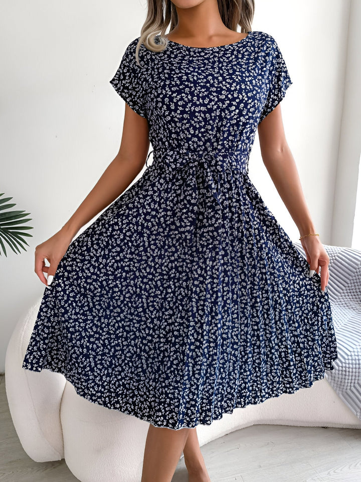 Clover | Ditsy Floral Belted Womens Pleated Midi Dress with Cap Sleeves