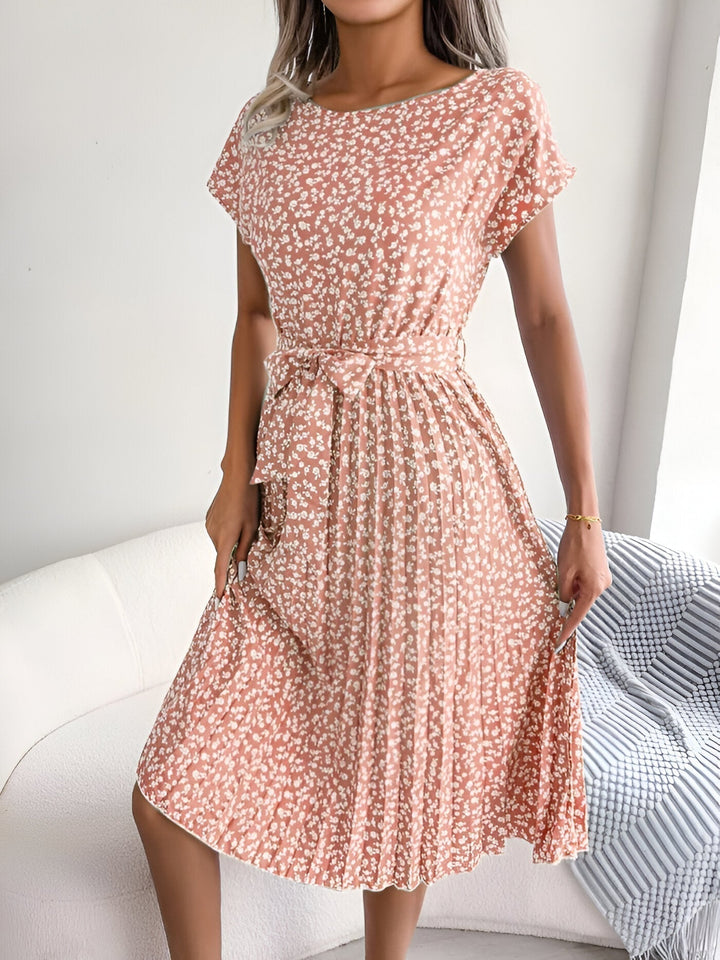 Clover | Ditsy Floral Belted Womens Pleated Midi Dress with Cap Sleeves