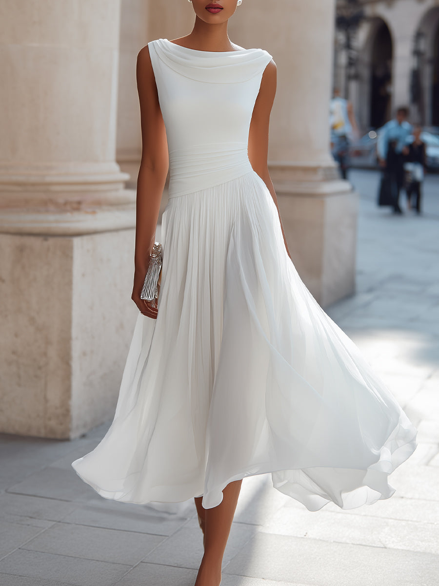 Isoline | Draped Cowl-Neck Womens Pleated Midi Dress Sleeveless