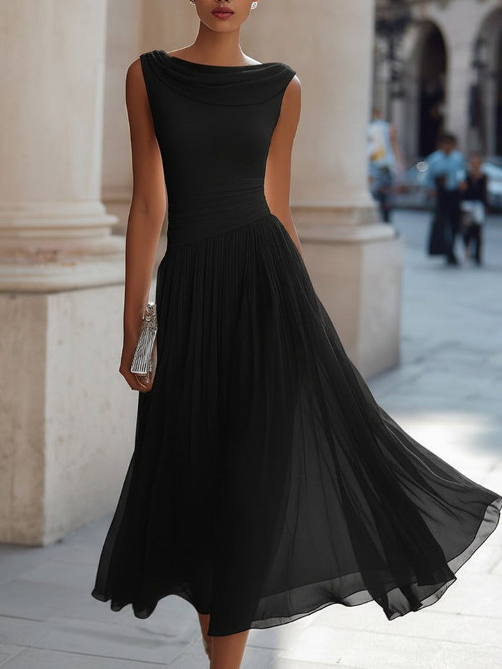 Isoline | Draped Cowl-Neck Womens Pleated Midi Dress Sleeveless