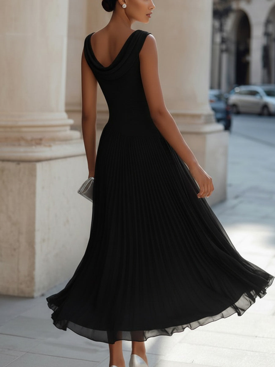 Isoline | Draped Cowl-Neck Womens Pleated Midi Dress Sleeveless