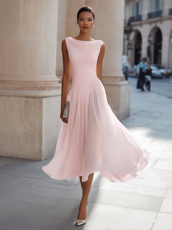 Isoline | Draped Cowl-Neck Womens Pleated Midi Dress Sleeveless