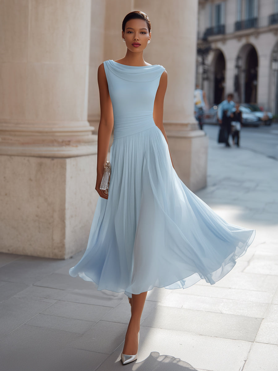 Isoline | Draped Cowl-Neck Womens Pleated Midi Dress Sleeveless
