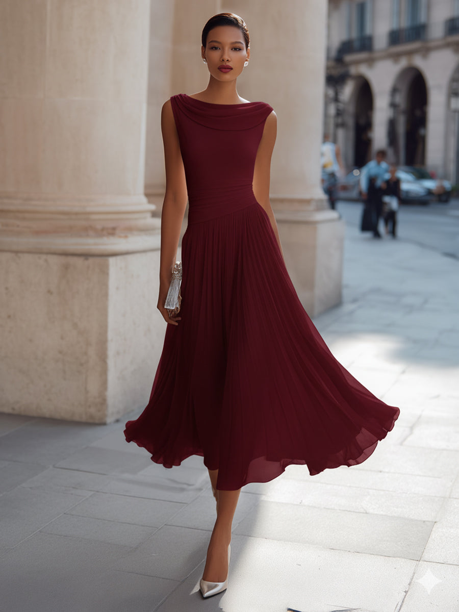Isoline | Draped Cowl-Neck Womens Pleated Midi Dress Sleeveless