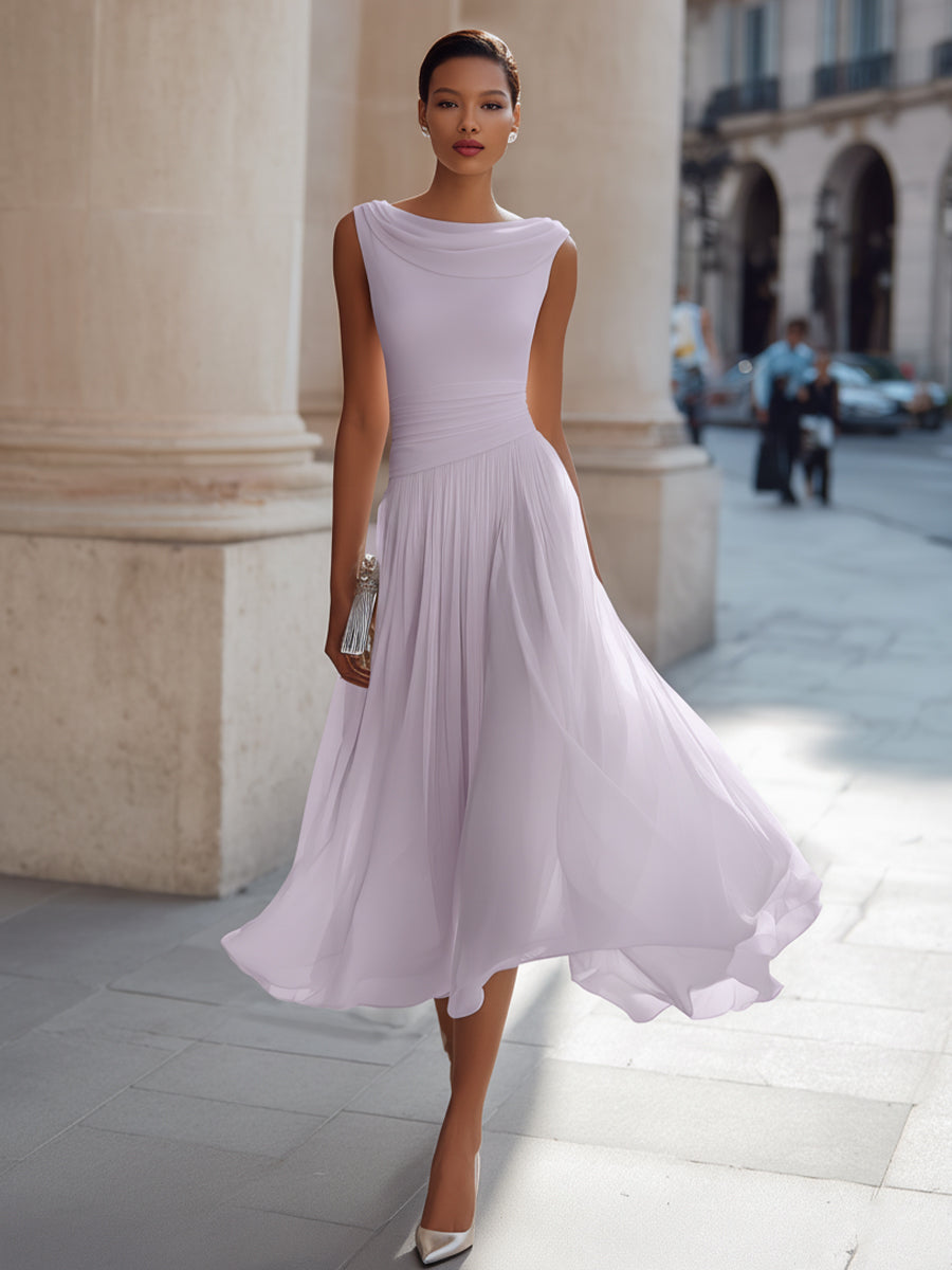 Isoline | Draped Cowl-Neck Womens Pleated Midi Dress Sleeveless