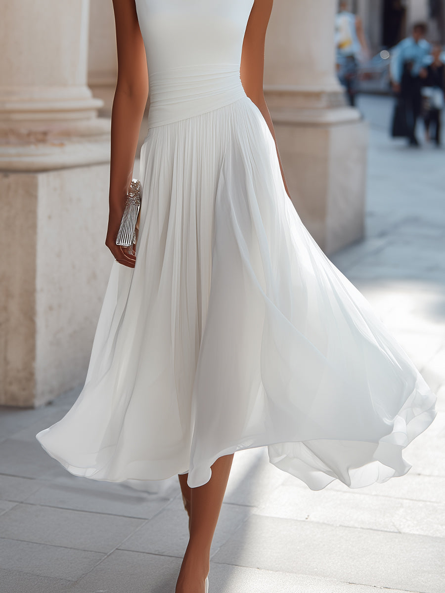 Isoline | Draped Cowl-Neck Womens Pleated Midi Dress Sleeveless