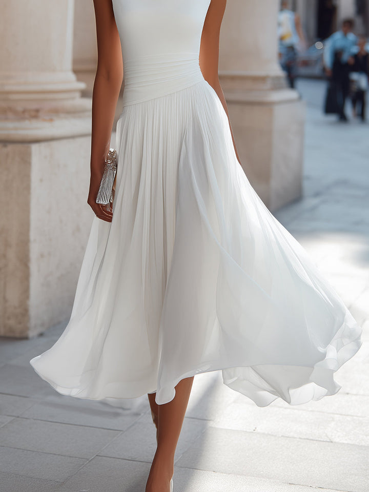 Isoline | Draped Cowl-Neck Womens Pleated Midi Dress Sleeveless