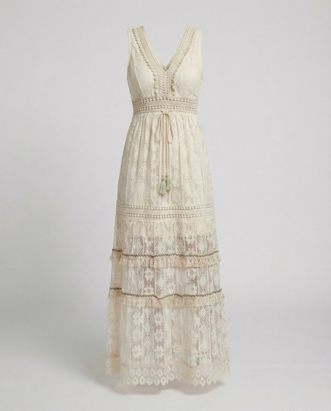 Tallulah | Tiered Lace Tassel Tie Boho Dress in Maxi