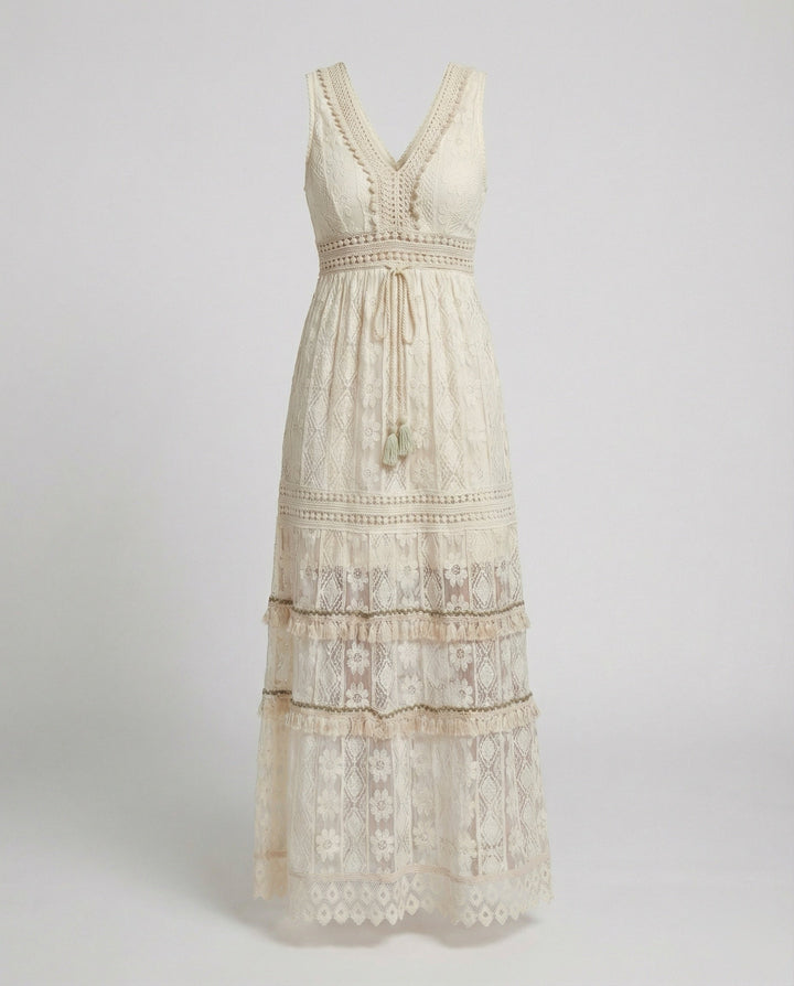 Tallulah | Tiered Lace Tassel Tie Boho Dress in Maxi