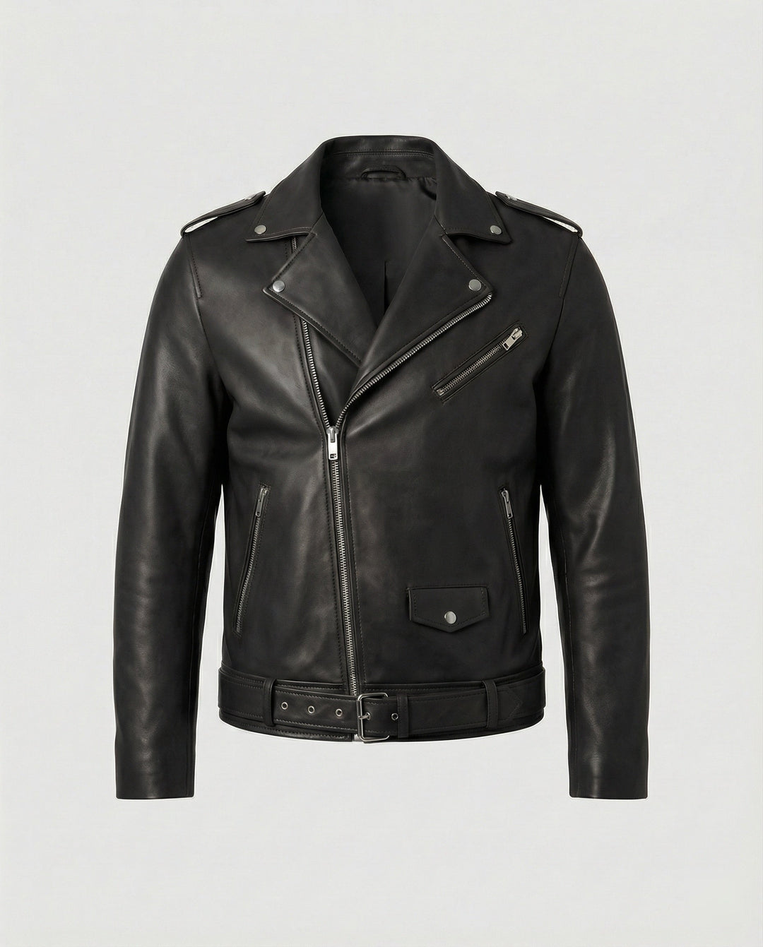 Bronco | Classic Belted Moto Leather Jacket with Epaulette Detail