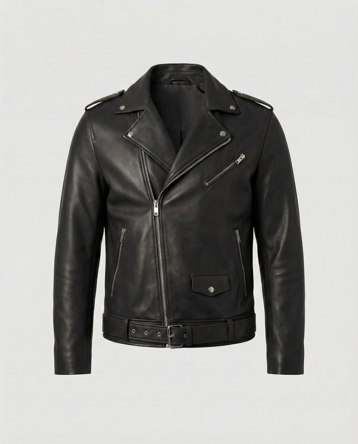 Bronco | Classic Belted Moto Leather Jacket with Epaulette Detail
