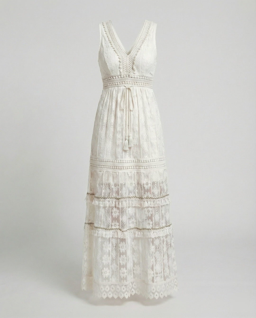 Tallulah | Tiered Lace Tassel Tie Boho Dress in Maxi