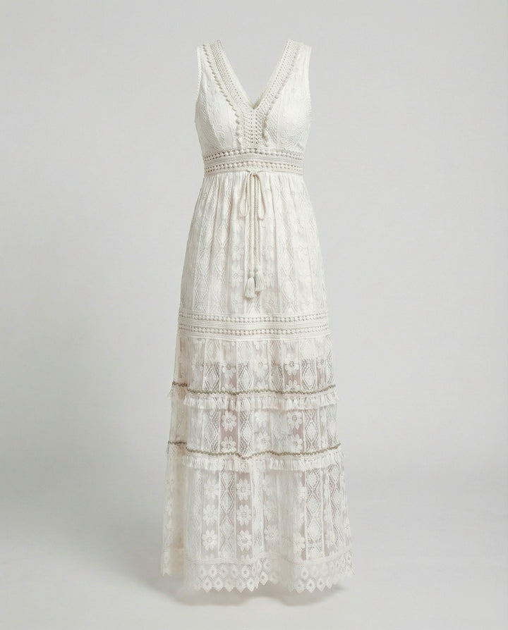 Tallulah | Tiered Lace Tassel Tie Boho Dress in Maxi