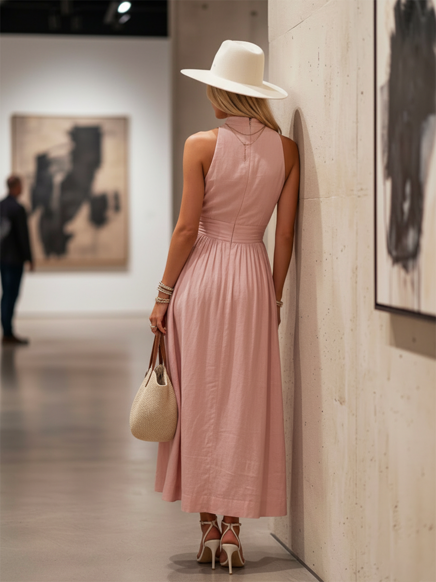 Ravenna | Ruched Deep V Flowing Maxi Halter Neck Wedding Guest Dress