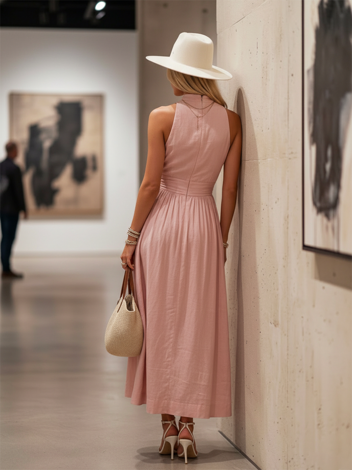 Ravenna | Ruched Deep V Flowing Maxi Halter Neck Wedding Guest Dress