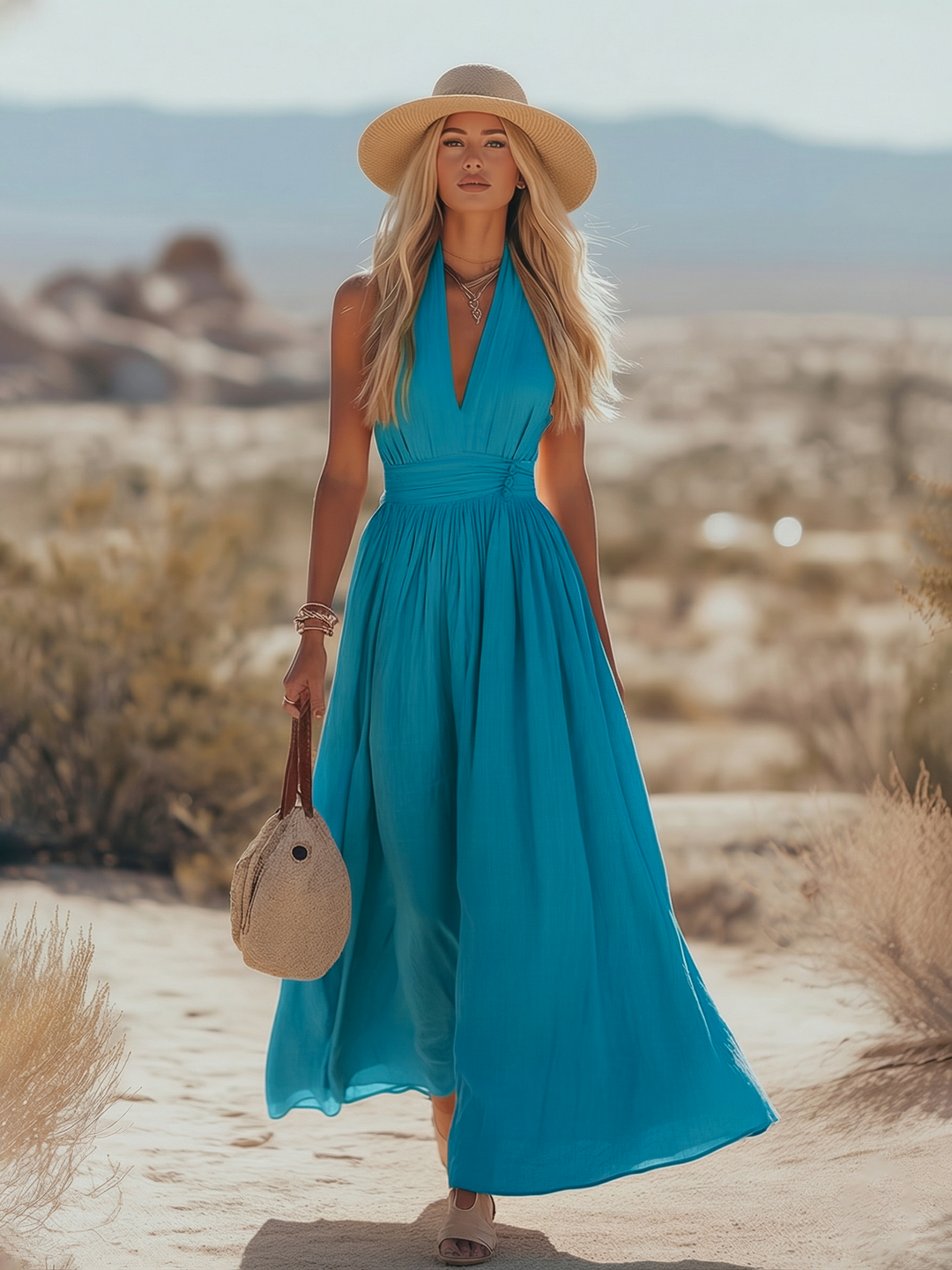 Ravenna | Ruched Deep V Flowing Maxi Halter Neck Wedding Guest Dress
