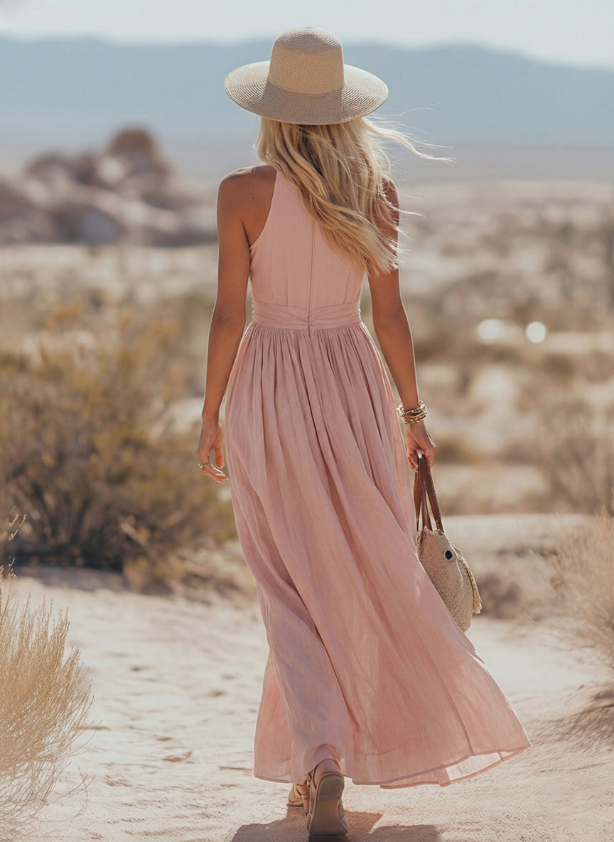 Ravenna | Ruched Deep V Flowing Maxi Halter Neck Wedding Guest Dress