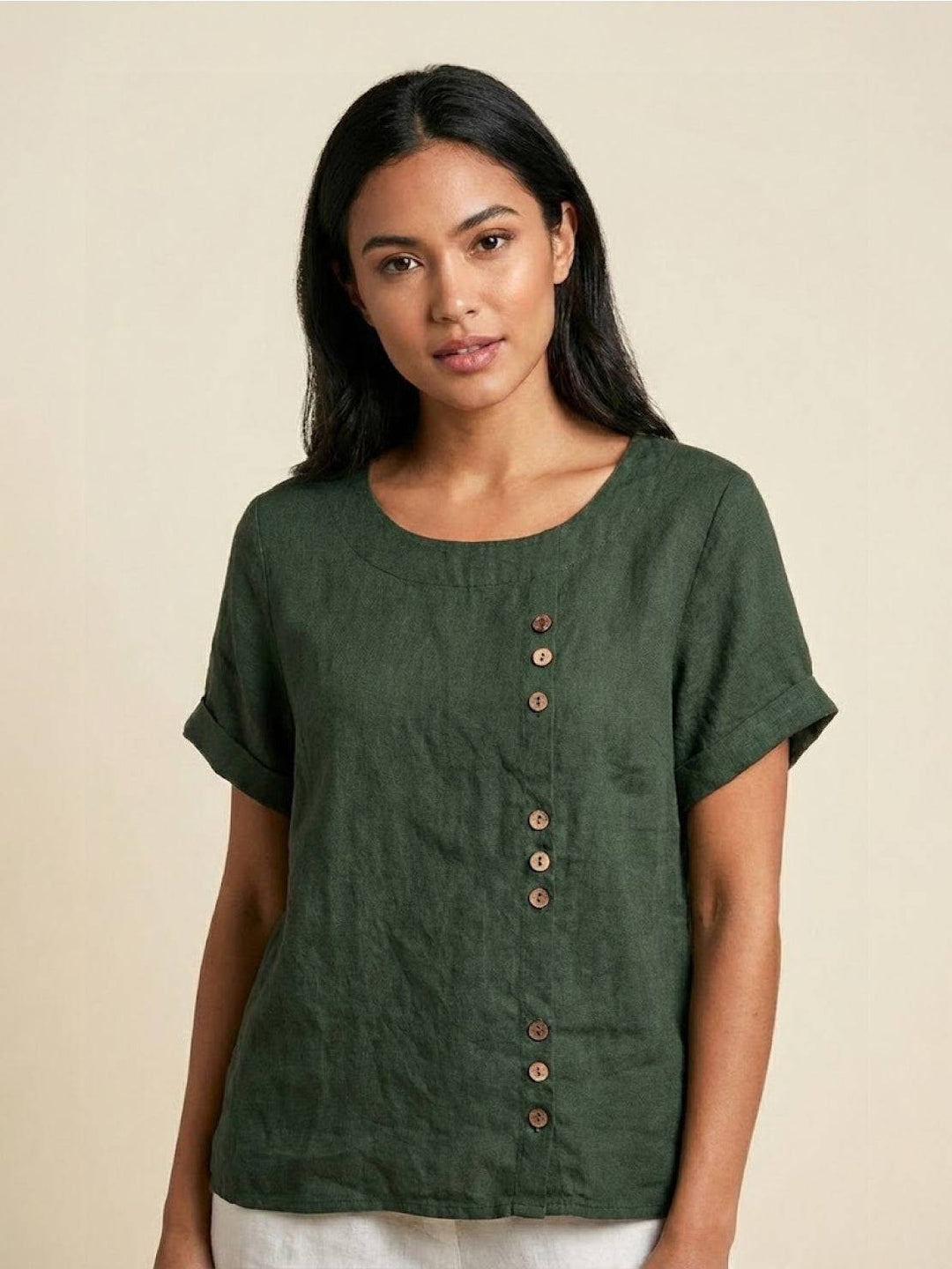 Saoirse | Side-Button Scoop Neck Linen Tunic Blouse