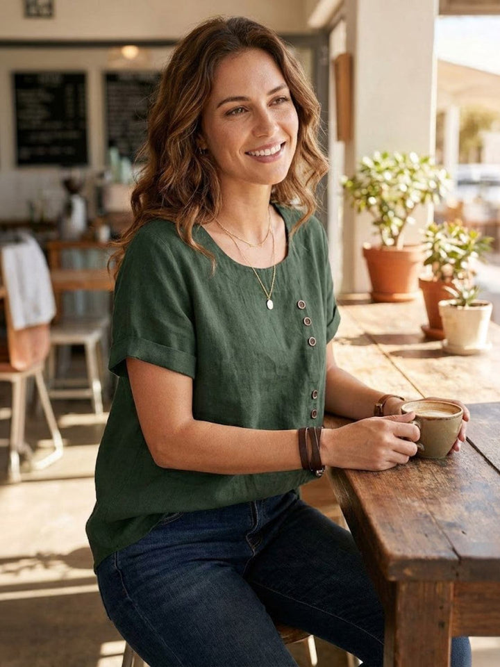 Saoirse | Side-Button Scoop Neck Linen Tunic Blouse