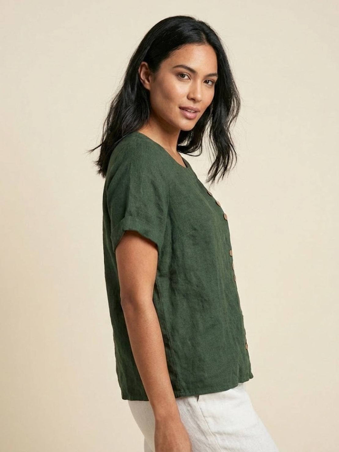 Saoirse | Side-Button Scoop Neck Linen Tunic Blouse