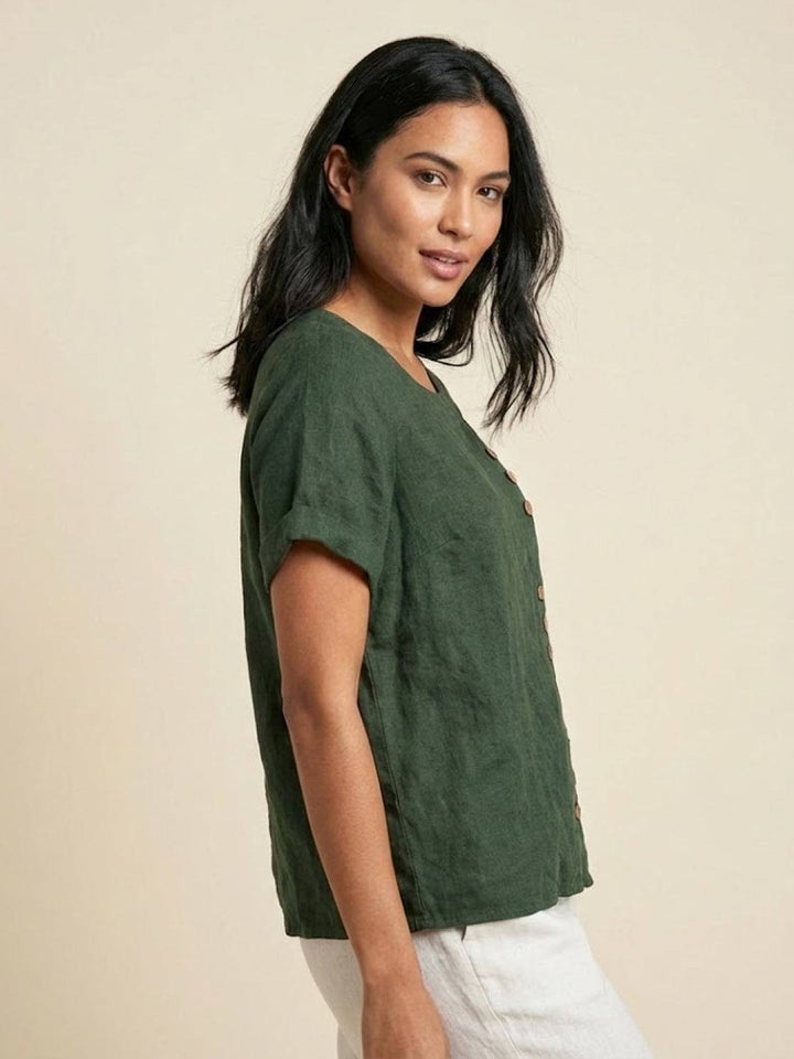 Saoirse | Side-Button Scoop Neck Linen Tunic Blouse
