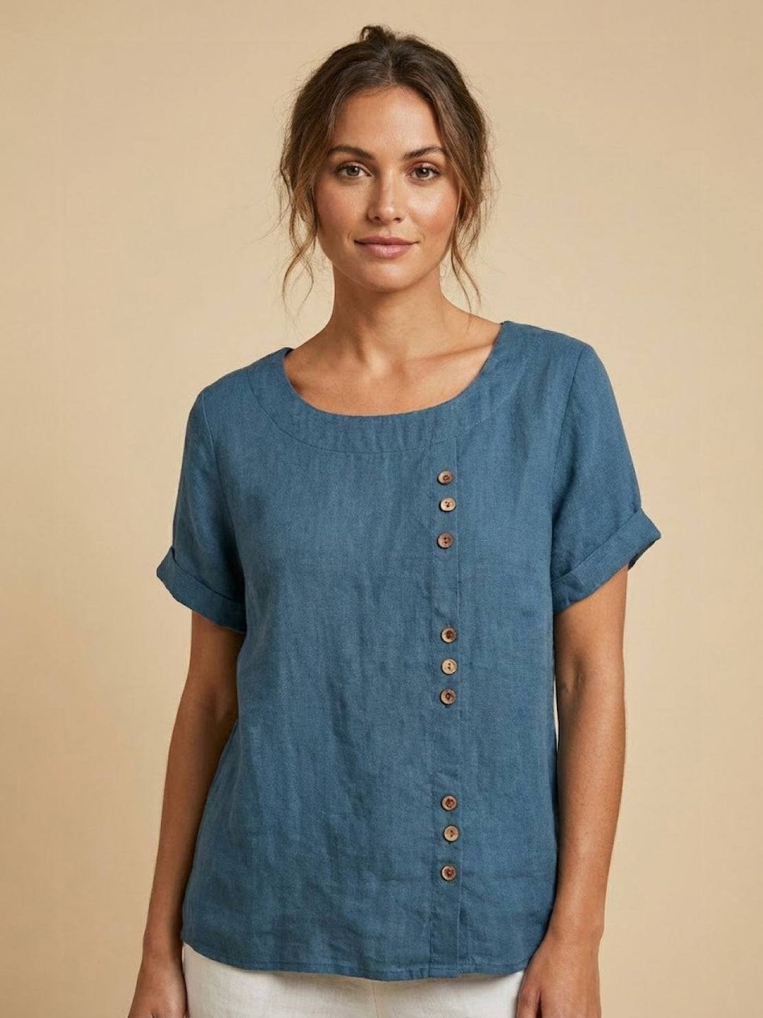 Saoirse | Side-Button Scoop Neck Linen Tunic Blouse
