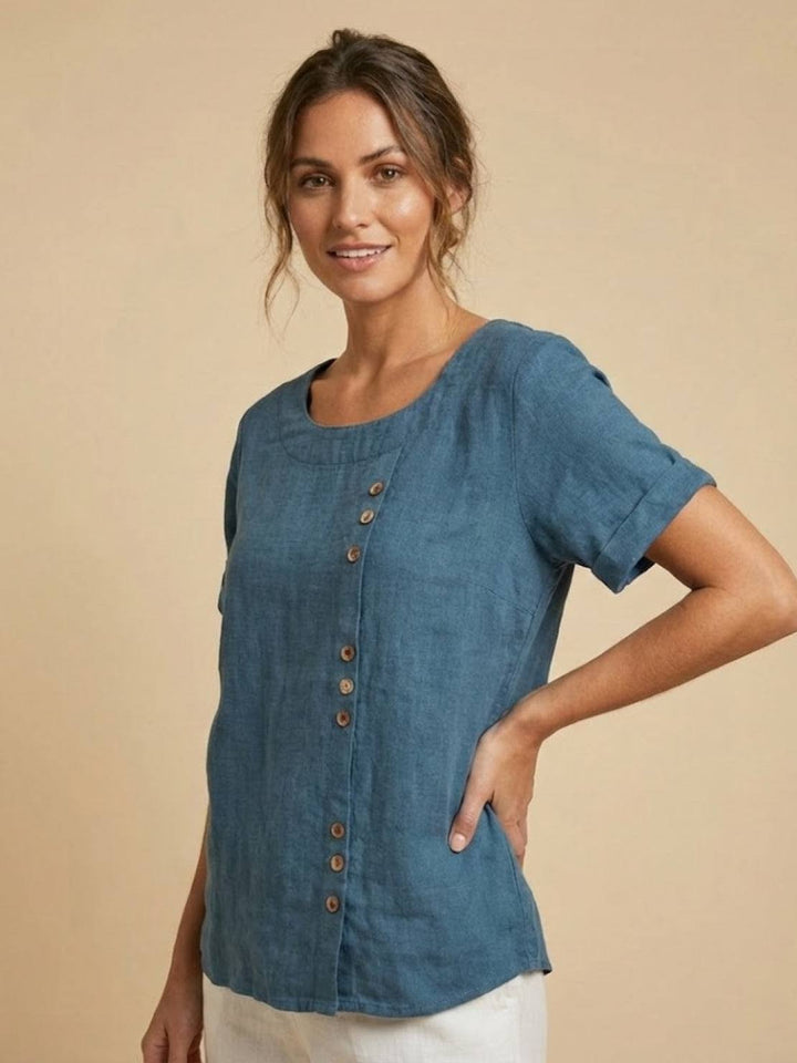 Saoirse | Side-Button Scoop Neck Linen Tunic Blouse