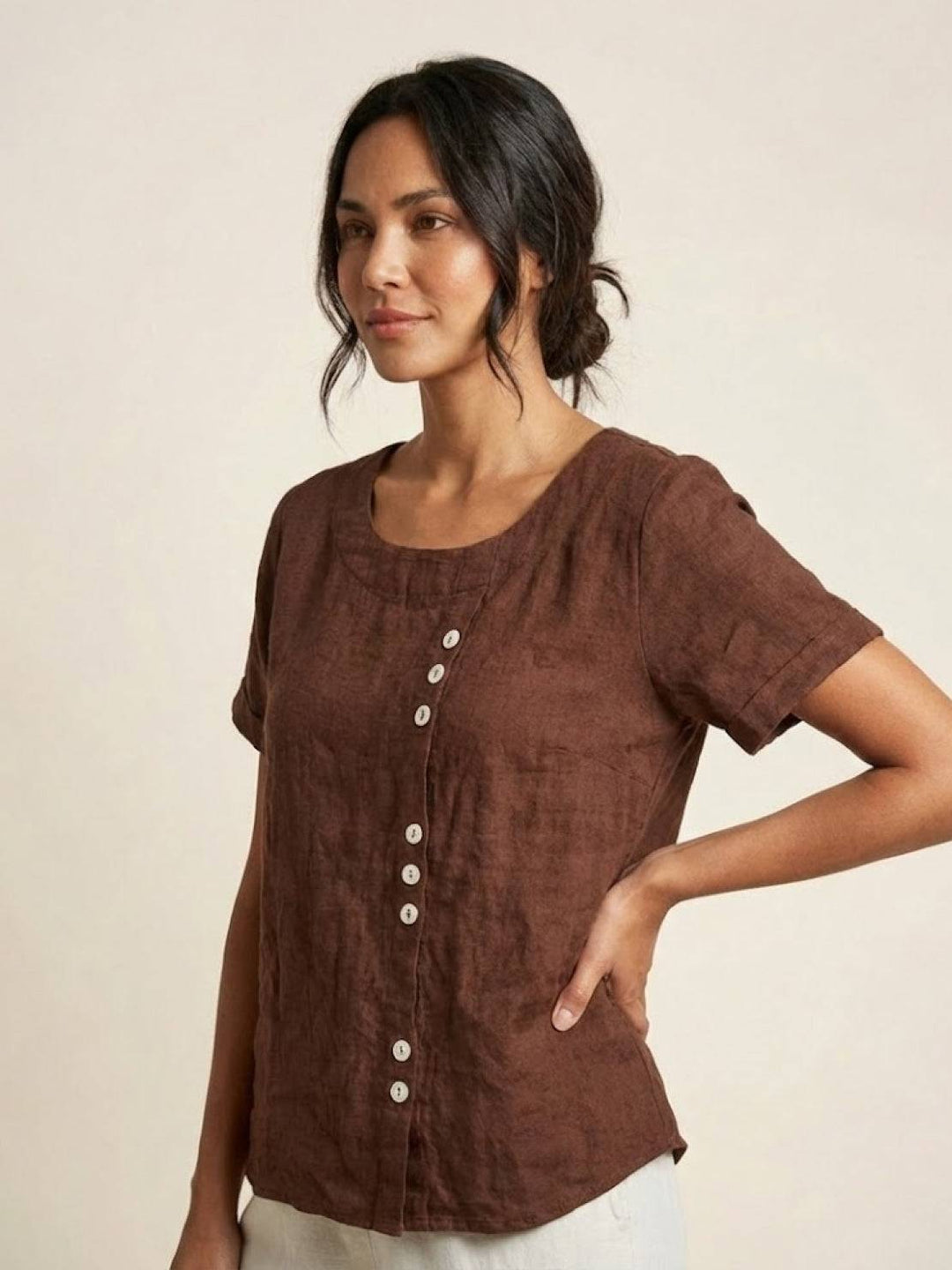 Saoirse | Side-Button Scoop Neck Linen Tunic Blouse