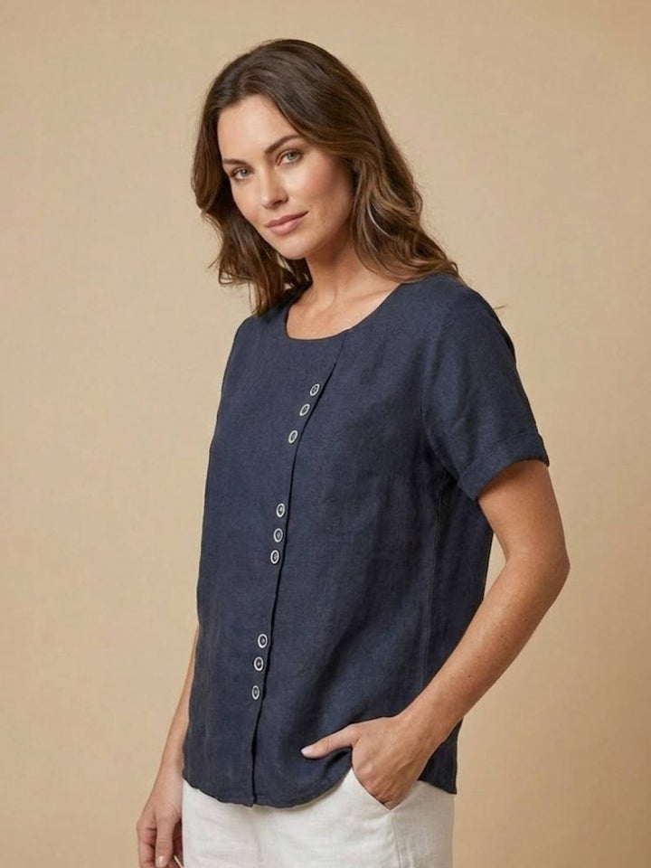 Saoirse | Side-Button Scoop Neck Linen Tunic Blouse