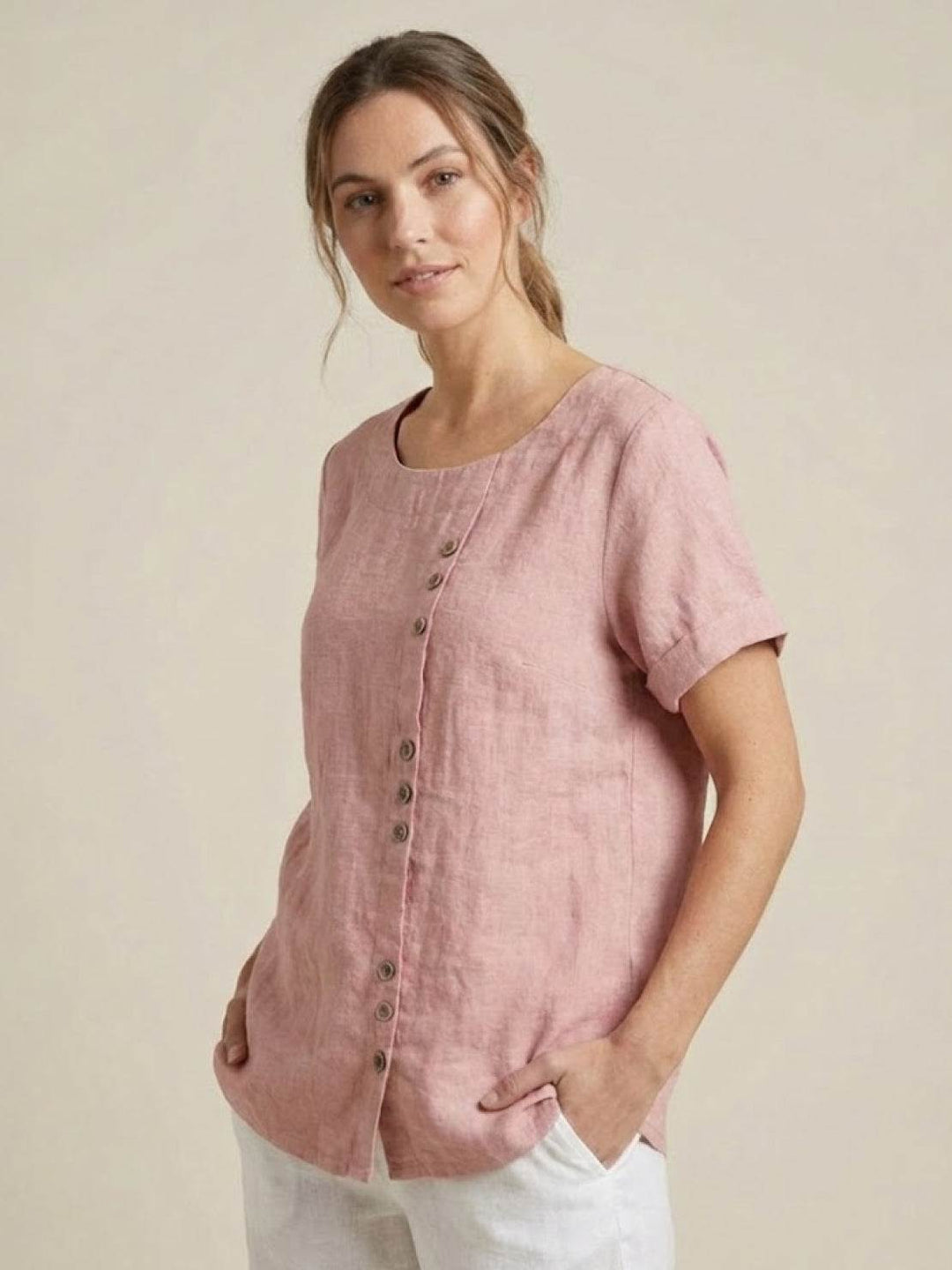 Saoirse | Side-Button Scoop Neck Linen Tunic Blouse
