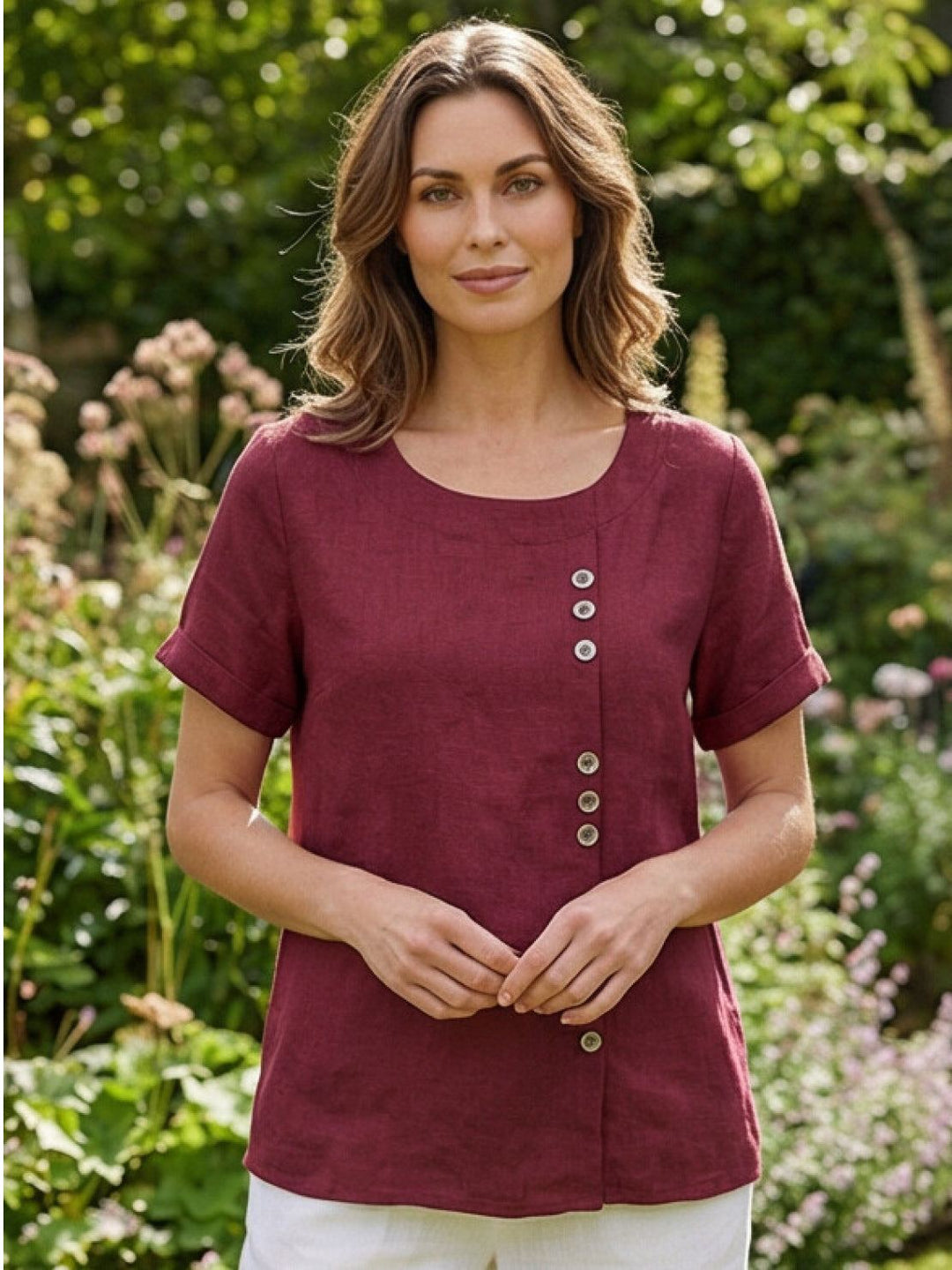 Saoirse | Side-Button Scoop Neck Linen Tunic Blouse